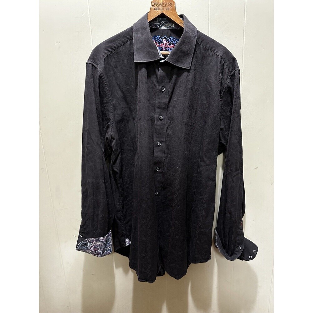 Robert Graham Dress Shirt Mens XL Black Embroidered Front Trim Flip Cuff EUC